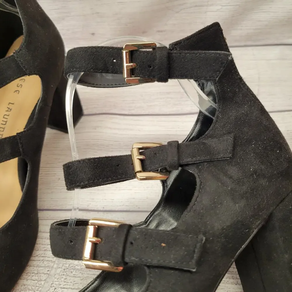 Chinese Laundry Black Suede Three Strap Mary Jane Pumps, 8.5